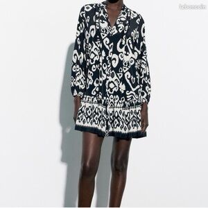 Zara Black and Cream button up Patterned Dress
